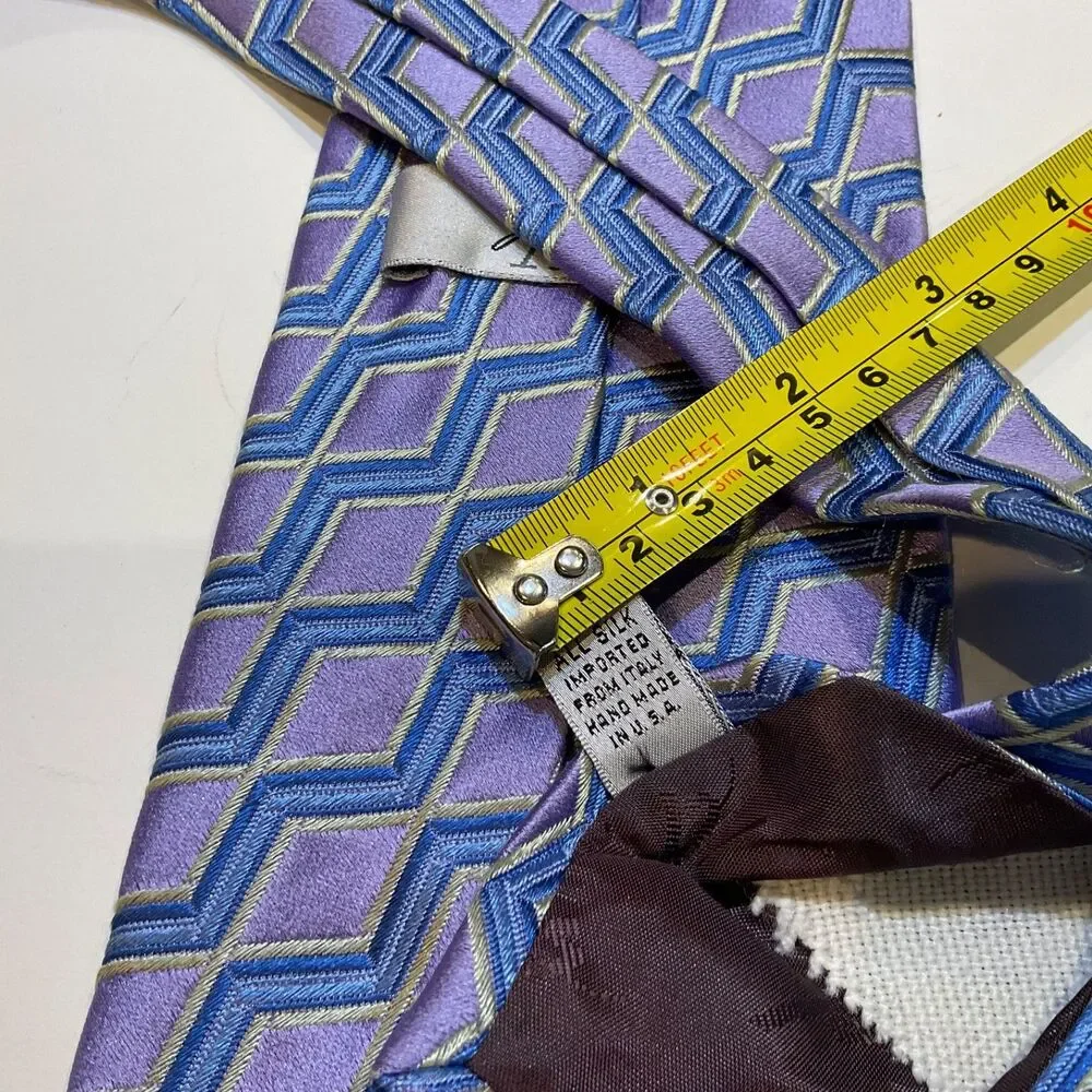 XMI Platinum Men's Tie Blue Purple Geometric Italian Silk Handmade in USA 60”